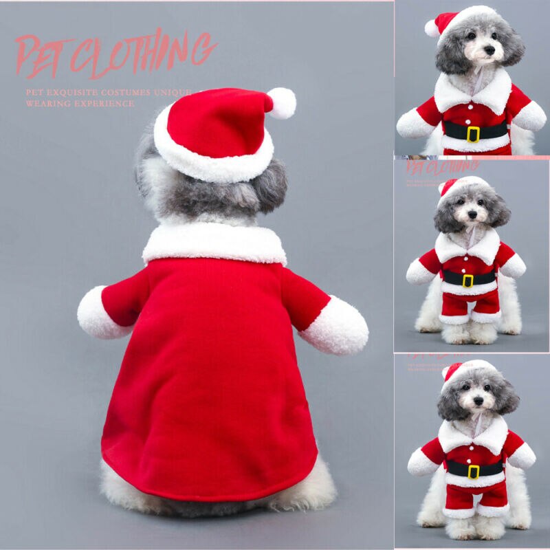 Winter Pet Dog Cat Red Fleece Velvet Thick Warm Christmas Clothes Santa Claus Costume Suit Sets