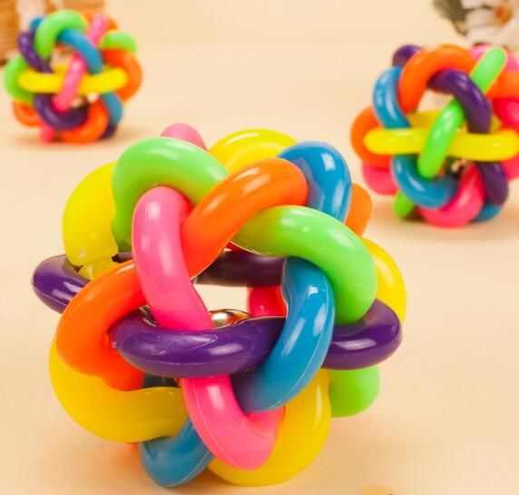 1 piece dog cat squeaky toy Colorful twist ball with bell pet dog training toys TPR environmental puppy rainbow ball pet toys (as picture M)