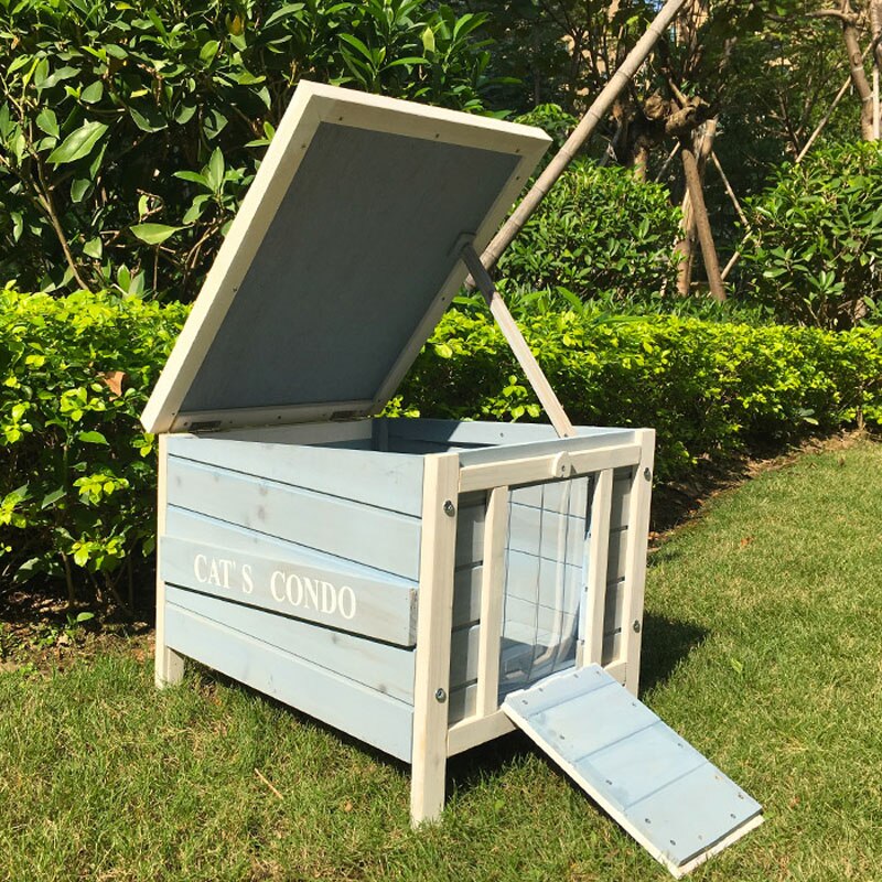 Solid wooden rabbit house dog house dog cage cat house building kennel cage coop (Blue L)