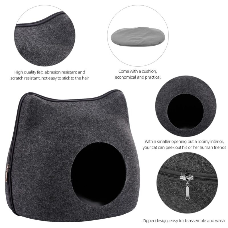 Detachable Natural felt Cat Bed Breathable Cat Pet Cave Dark Gray Cat Bed House With Cushion for Pets Cats Pet Accessories